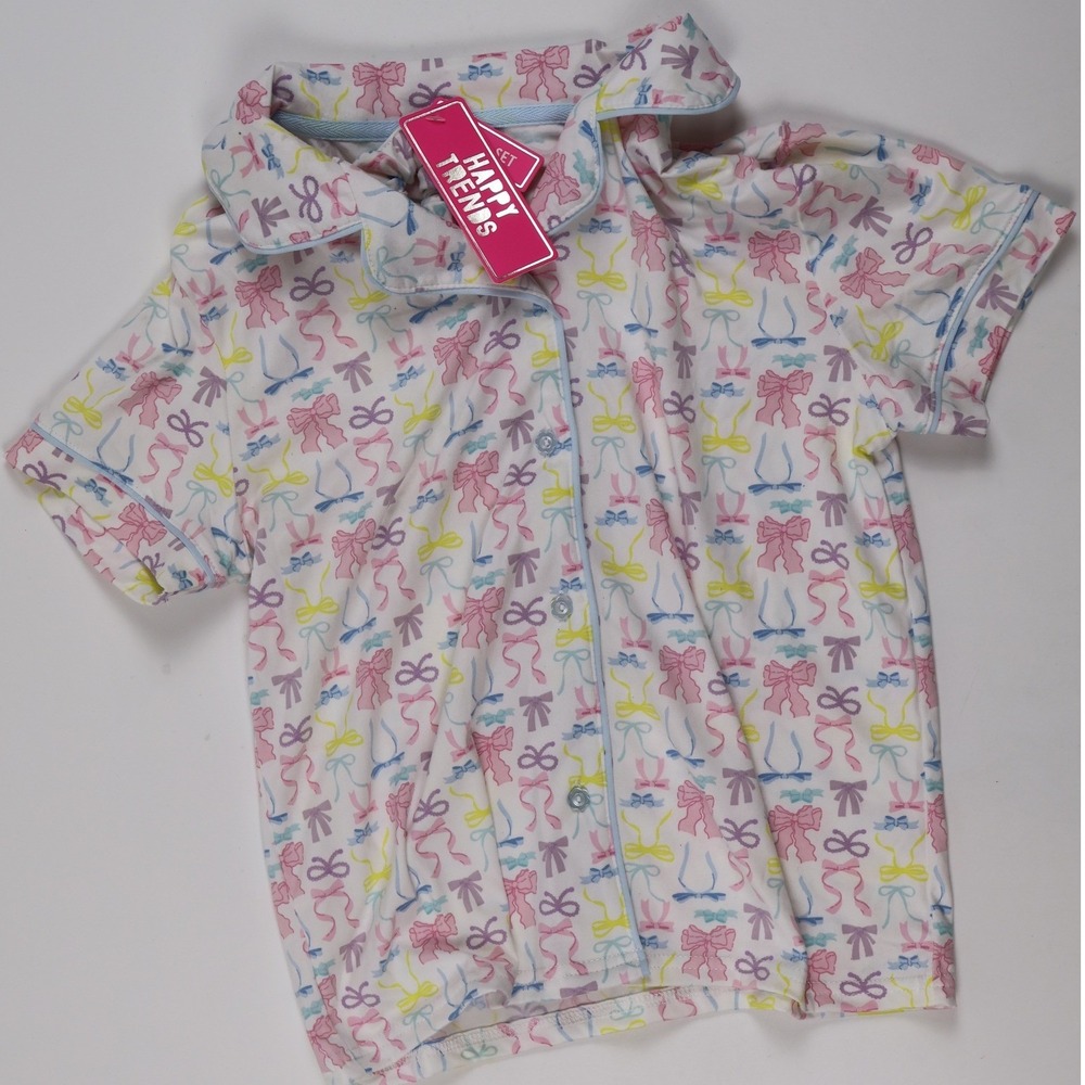Happy Trends Pajama Top Bow Print White Pink Large 10/12 NWT